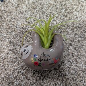 Gray Sloth Planter with Faux Green Plant